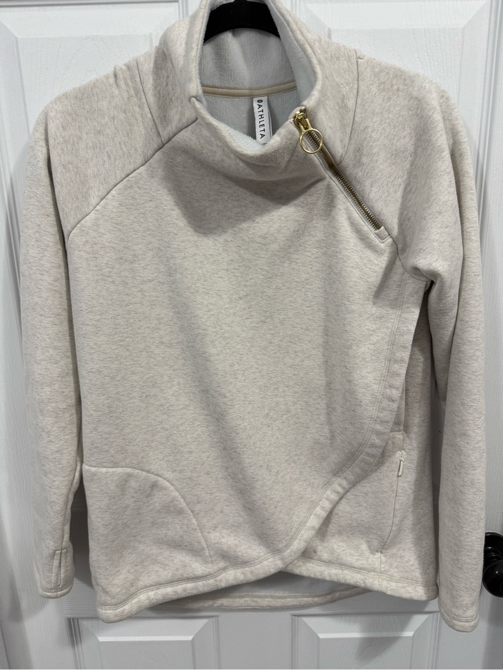 Athleta Oatmeal Asymmetrical Zip Funnel Pullover